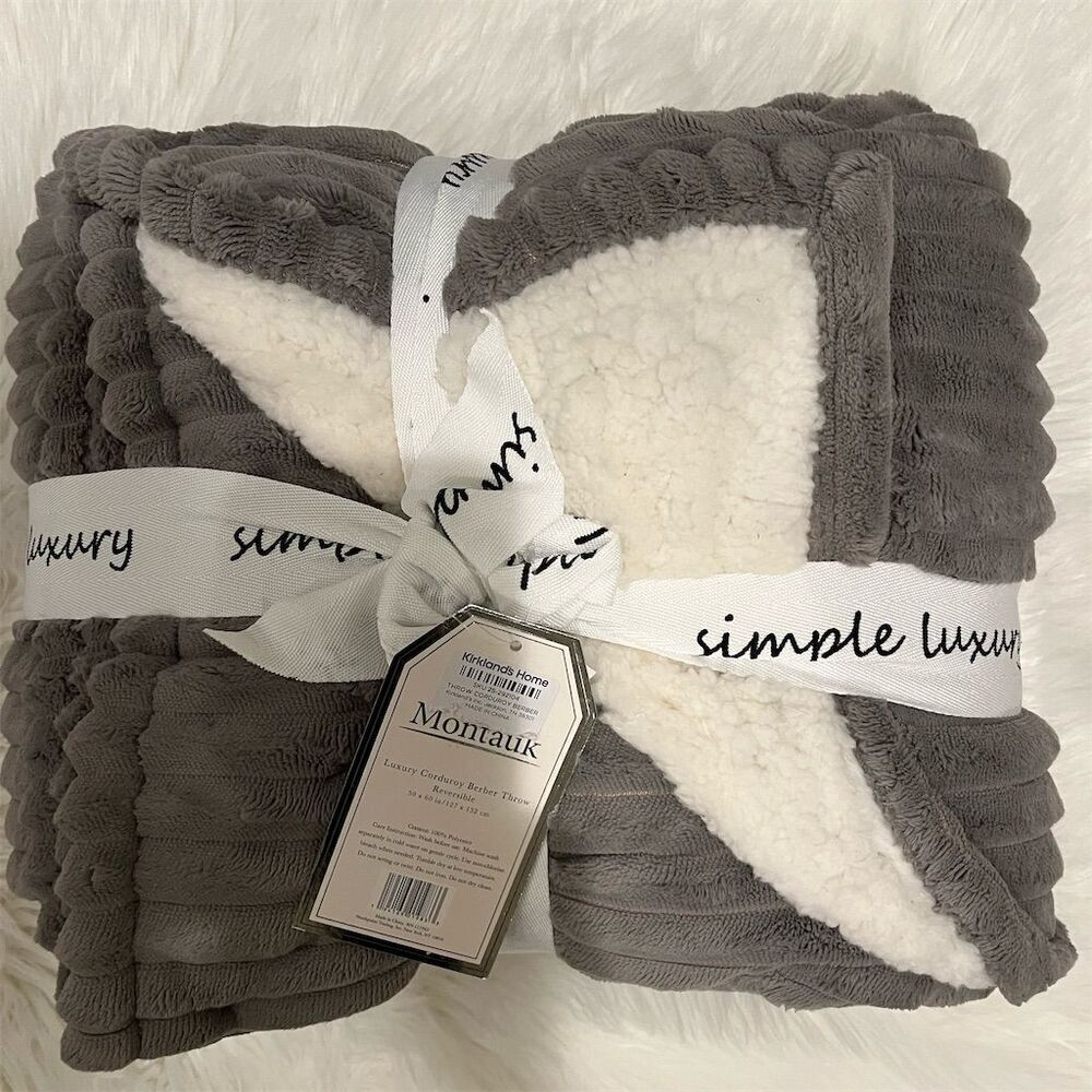 🆕 Kirkland's Home Luxury Gray Reversible Corduroy Berber Throw Blanket 50x60